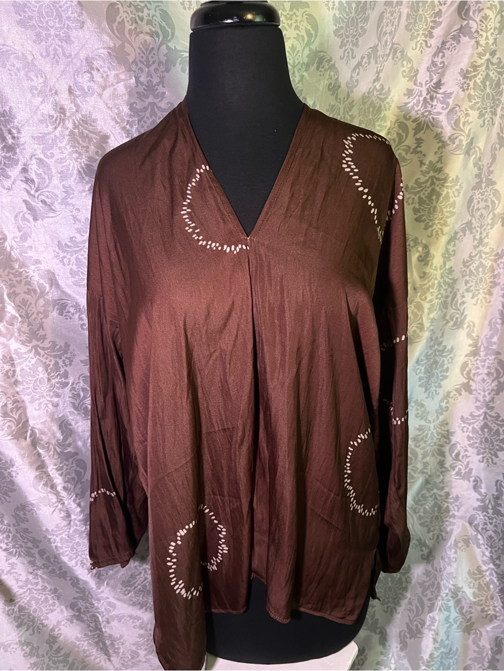 Grade & Gather Relaxed V-Neck Brown Tunic with Subtle Circular Accent
